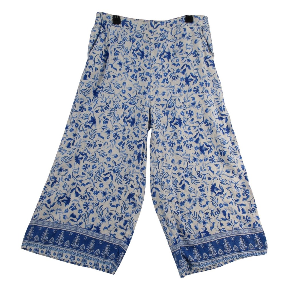 Joie Blue White Floral Linen Wide Leg Crop Pants XL Elastic Waist Pockets